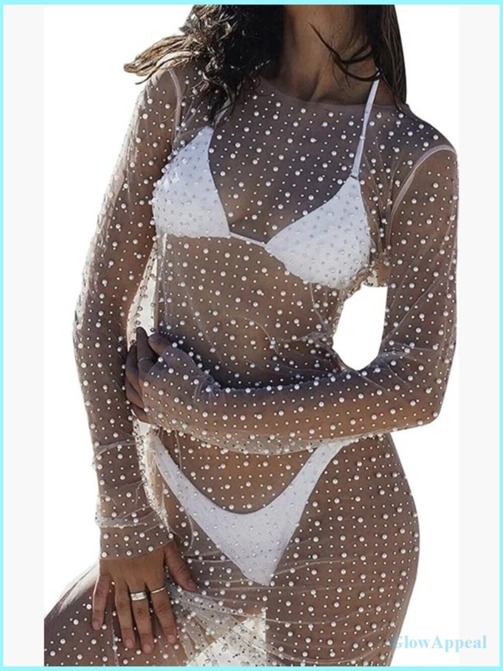 Sheer Mesh Rhinestone Cover Up Dress Maxi Long Sleeve Swimsuit Beach